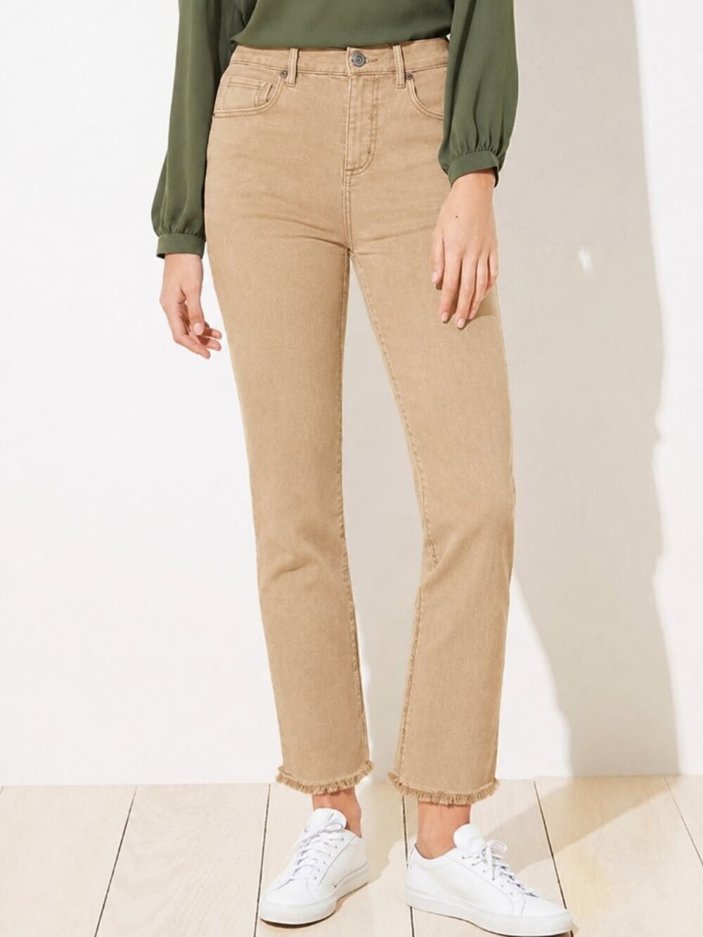 LOFT High Waist Straight Crop Sand Tan Wash Frayed Hem Denim Jeans SZ 8 Boho
